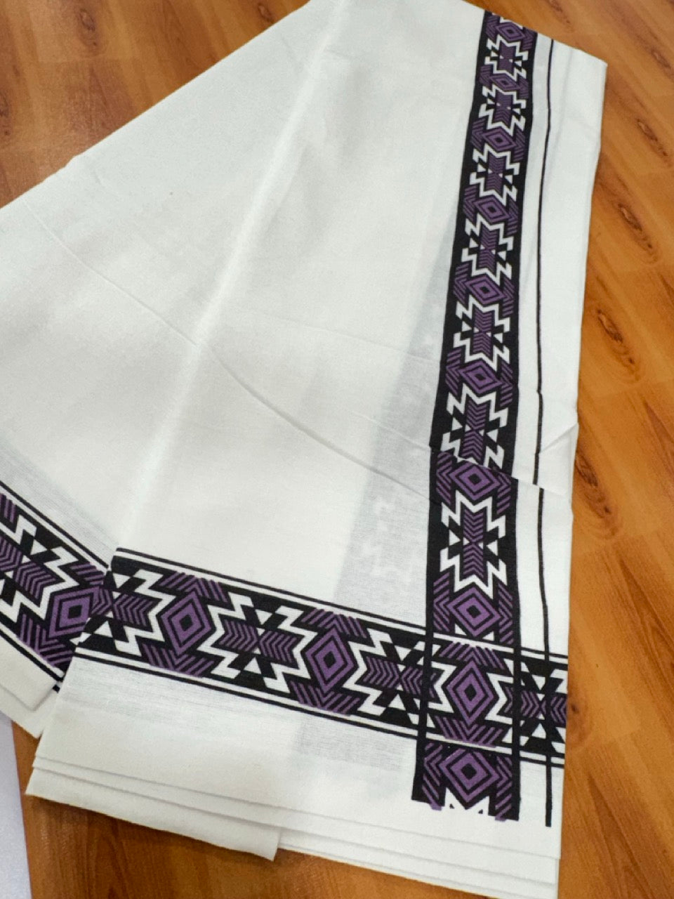 Single White Kerala Mund Polyster Mixed Cotton - (20s) - Kaily / Lungi - 2 inch Violet Printed Kara (2 meter / 4 muzham) - 5 KK8070 GAN