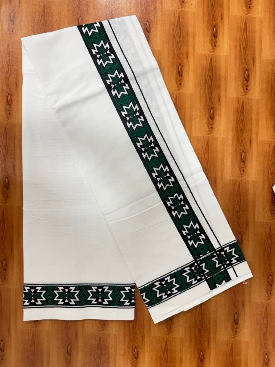 Single White Kerala Mund Polyster Mixed Cotton - (20s) - Kaily / Lungi - 2 inch Dark Green Printed Kara (2 meter / 4 muzham) - 6 KK8070 GAN