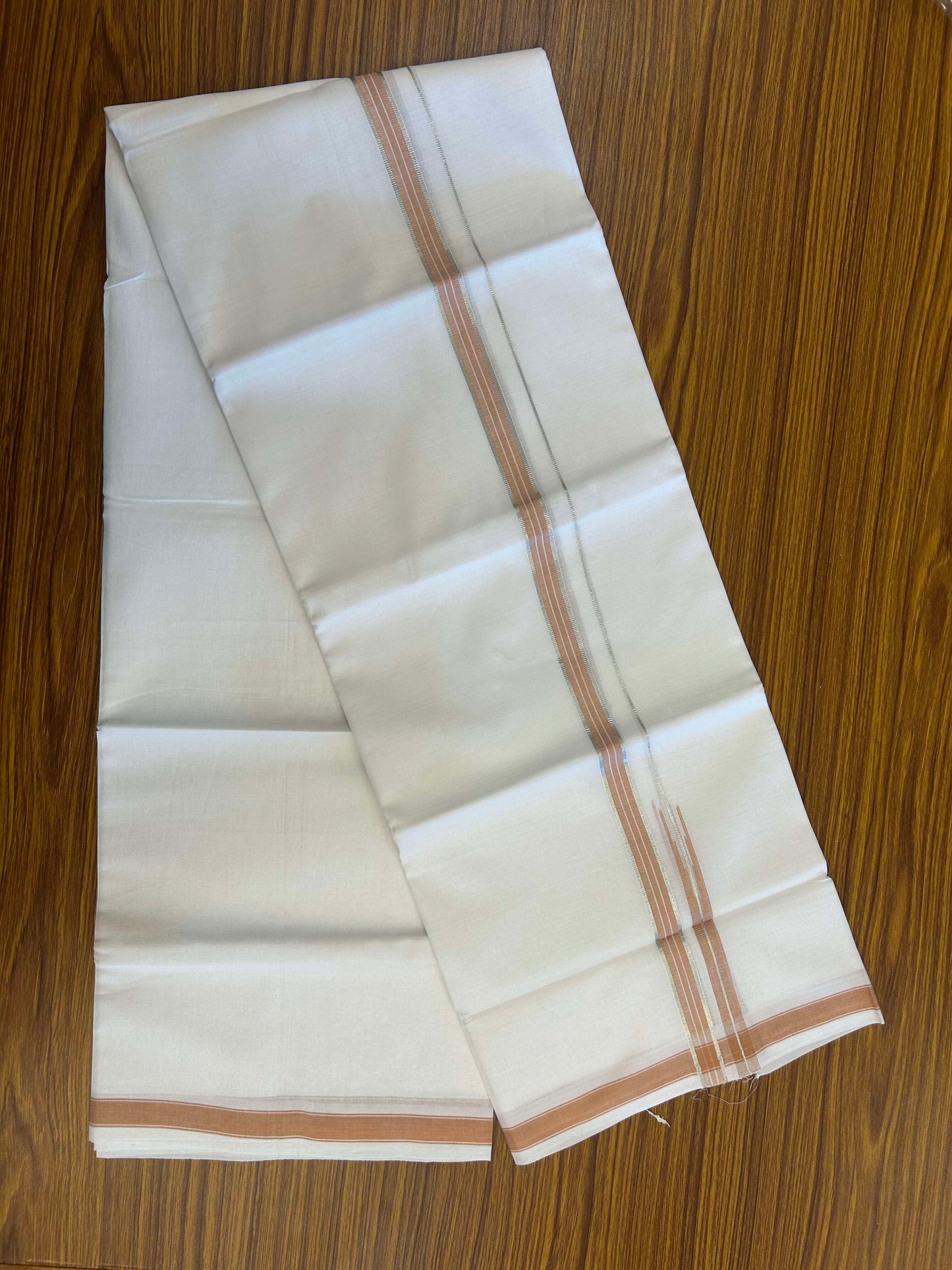 20% Discount!! Kaitharikada Balaramapuram 100% Pure Cotton Pure White Double Mundu/Dothi - 100x80 - 1.5 cm Light Orange & Silver Kasav Puliyilakkara One Side Chutty Kara 3.90 m (8 muzham) - 26 KK5310 CKS