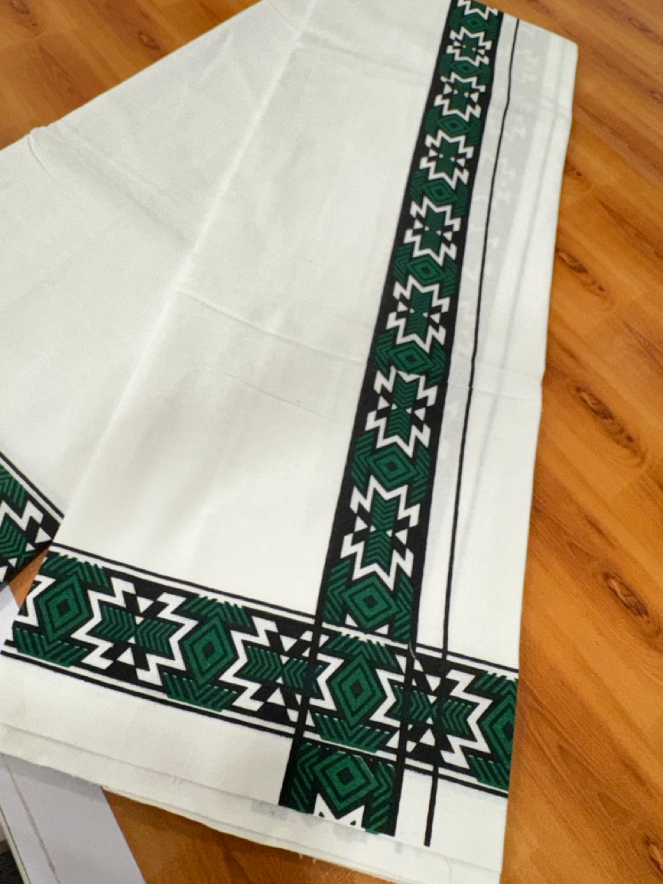 Single White Kerala Mund Polyster Mixed Cotton - (20s) - Kaily / Lungi - 2 inch Dark Green Printed Kara (2 meter / 4 muzham) - 6 KK8070 GAN