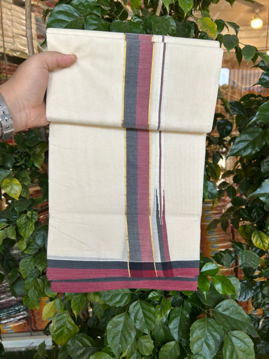 DMK Veshti - 20% Discount !! KaithariKada Balaramapuram Double Off white - (Unbleached) Mundu/Dhoti - 100X100 - 1.5 inch Puliyilakkara Kasavu Maroon & Black Chutty Kara - 28 KK5268 ASH
