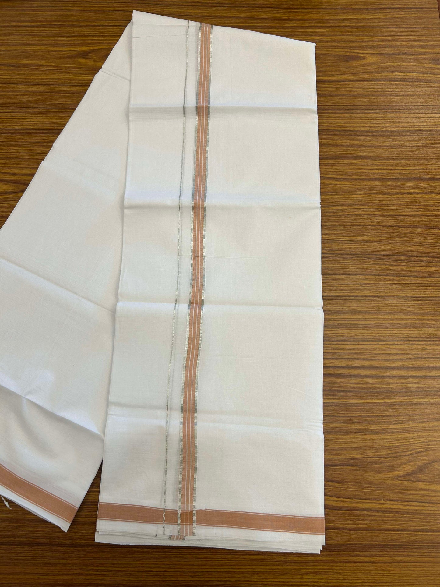 20% Discount!! Kaitharikada Balaramapuram 100% Pure Cotton Pure White Double Mundu/Dothi - 100x80 - 1.5 cm Light Orange & Silver Kasav Puliyilakkara One Side Chutty Kara 3.90 m (8 muzham) - 26 KK5310 CKS