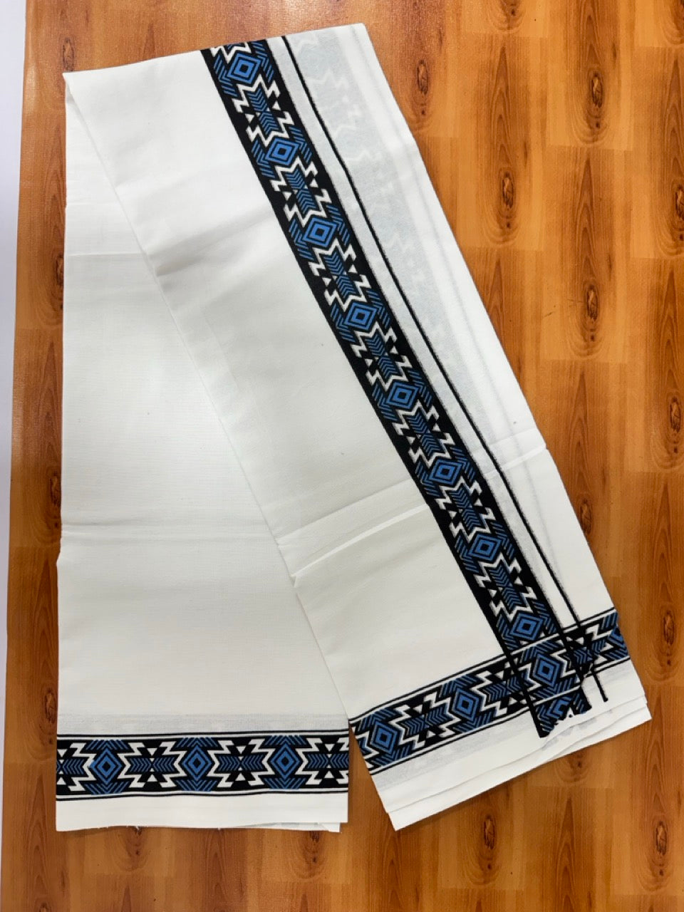 Single White Kerala Mund Polyster Mixed Cotton - (20s) - Kaily / Lungi - 2 inch Blue Printed Kara (2 meter / 4 muzham) - 7 KK8070 GAN