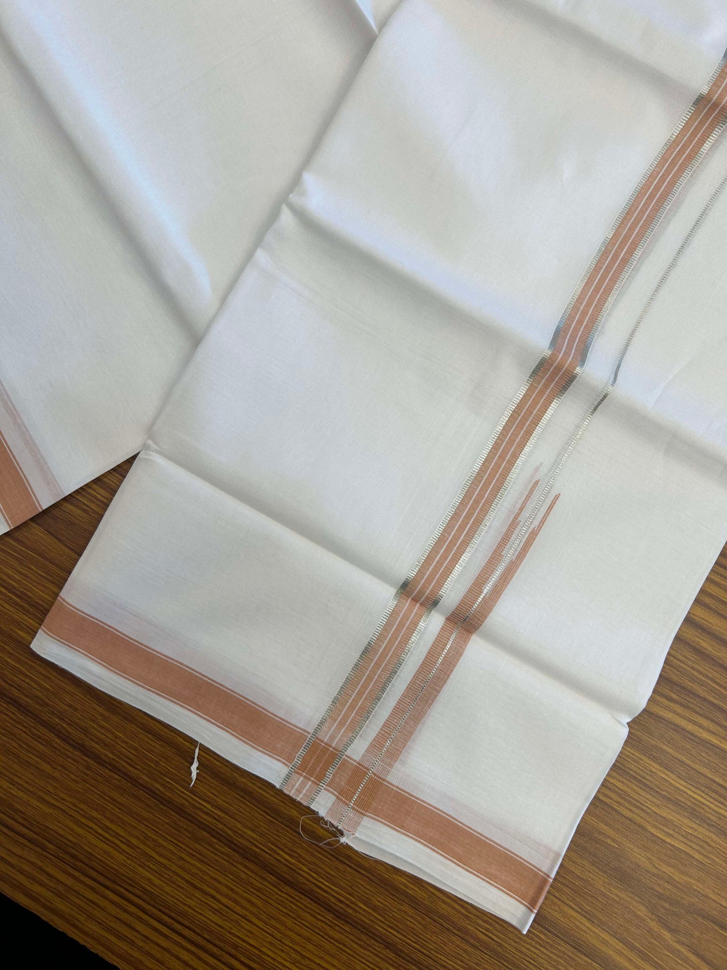 20% Discount!! Kaitharikada Balaramapuram 100% Pure Cotton Pure White Double Mundu/Dothi - 100x80 - 1.5 cm Light Orange & Silver Kasav Puliyilakkara One Side Chutty Kara 3.90 m (8 muzham) - 26 KK5310 CKS