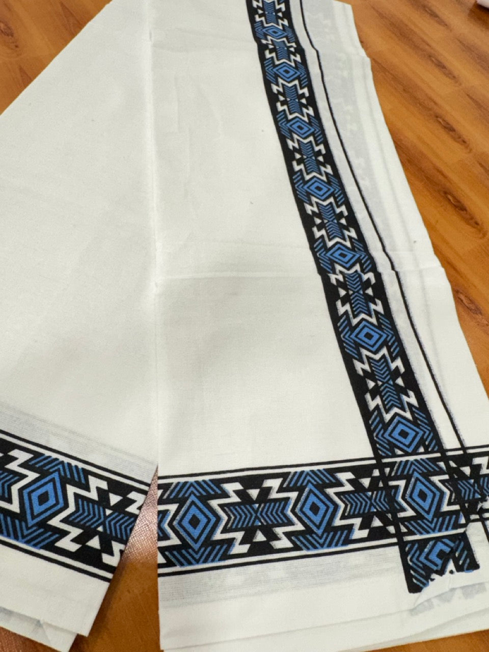 Single White Kerala Mund Polyster Mixed Cotton - (20s) - Kaily / Lungi - 2 inch Blue Printed Kara (2 meter / 4 muzham) - 7 KK8070 GAN