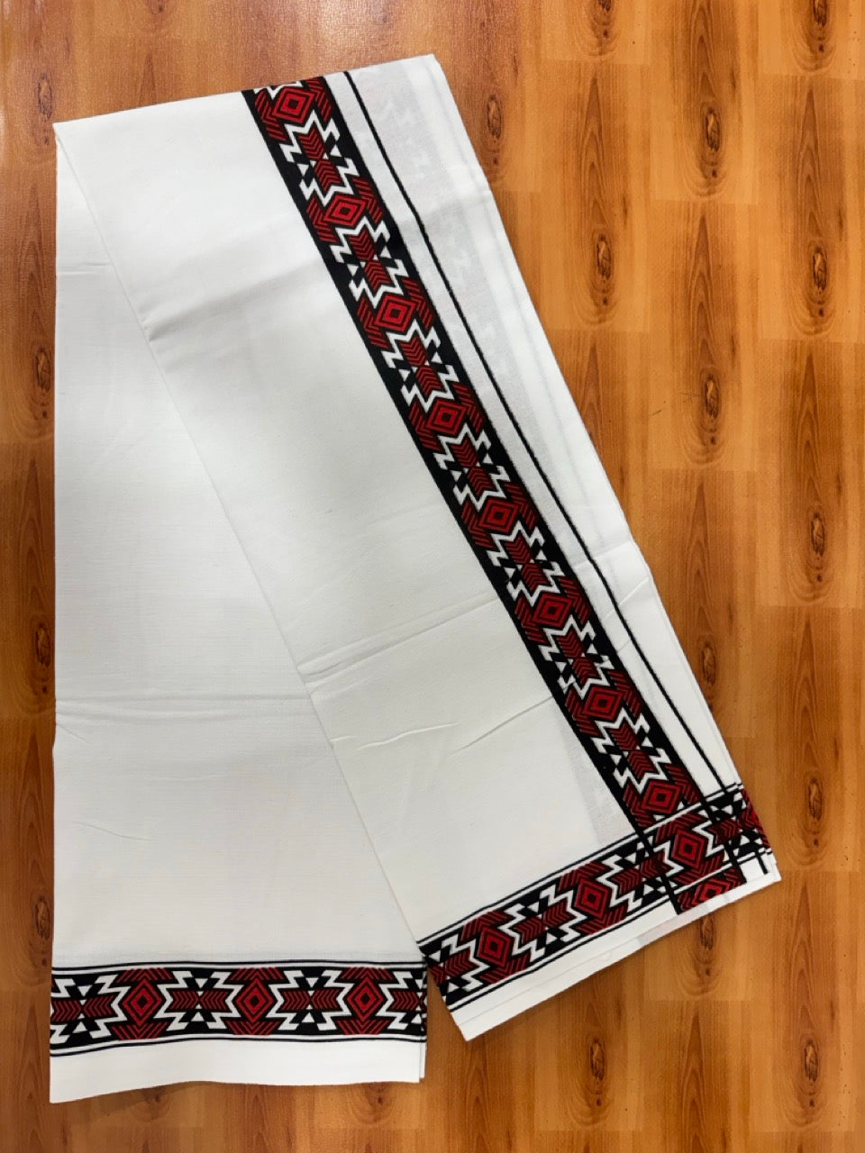 Single White Kerala Mund Polyster Mixed Cotton - (20s) - Kaily / Lungi - 2 inch Red Printed Kara (2 meter / 4 muzham) - 8 KK8070 GAN