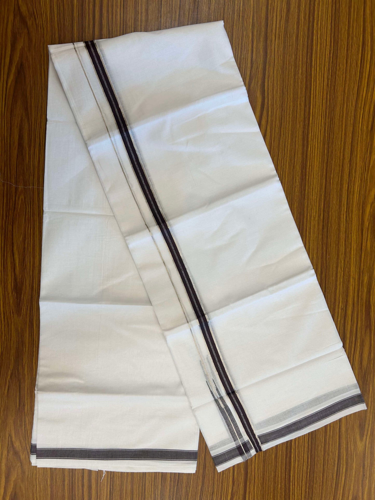 20% Discount!! Kaitharikada Balaramapuram 100% Pure Cotton Pure White Double Mundu/Dothi - 100x80 - 1.5 cm Brown & Silver Kasav Puliyilakkara One Side Chutty Kara 3.90 m (8 muzham) - 27 KK5310 CKS