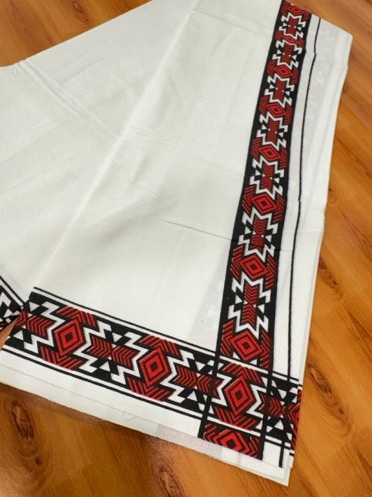 Single White Kerala Mund Polyster Mixed Cotton - (20s) - Kaily / Lungi - 2 inch Red Printed Kara (2 meter / 4 muzham) - 8 KK8070 GAN