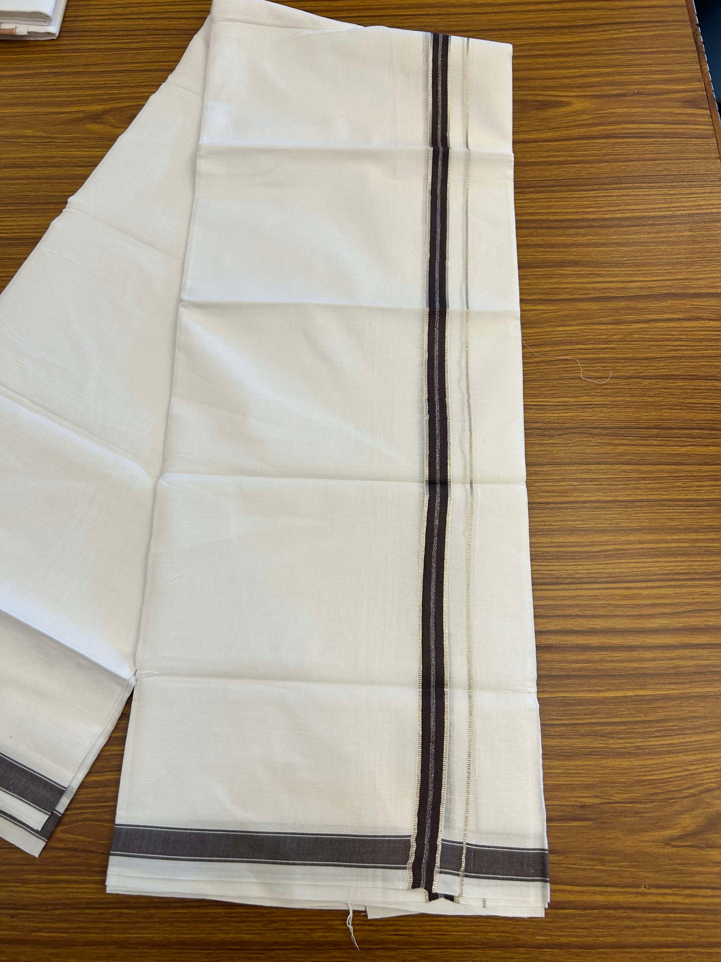 20% Discount!! Kaitharikada Balaramapuram 100% Pure Cotton Pure White Double Mundu/Dothi - 100x80 - 1.5 cm Brown & Silver Kasav Puliyilakkara One Side Chutty Kara 3.90 m (8 muzham) - 27 KK5310 CKS