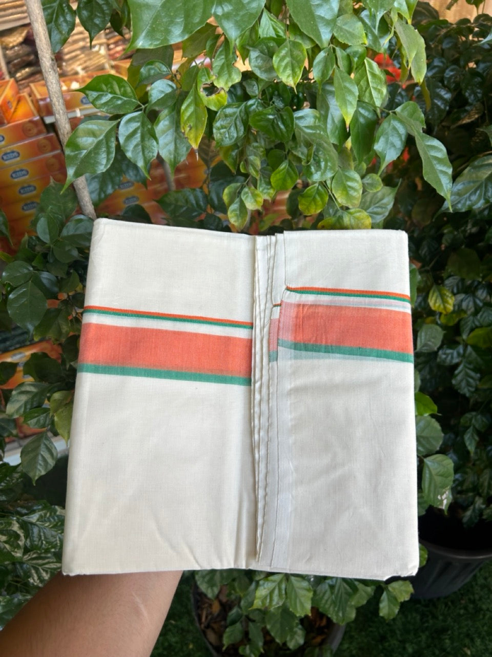 BJP VESHTI - 20% DISCOUNT! KaithariKada 100% Cotton off white Double - (Unbleached) Mundu/Dhoti - 100X100 - 1.5 inch Orange & Green Shaded Kara 4 mtr (8.5 muzham) - 29  KK5268 ASH