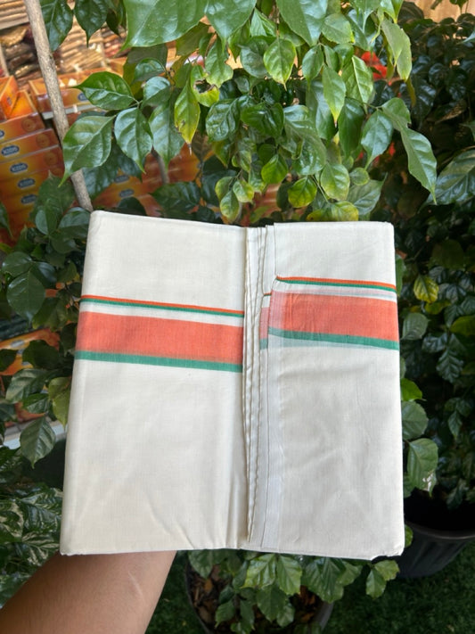 BJP VESHTI - 20% DISCOUNT! KaithariKada 100% Cotton off white Double - (Unbleached) Mundu/Dhoti - 100X100 - 1.5 inch Orange & Green Shaded Kara 4 mtr (8.5 muzham) - 29  KK5268 ASH