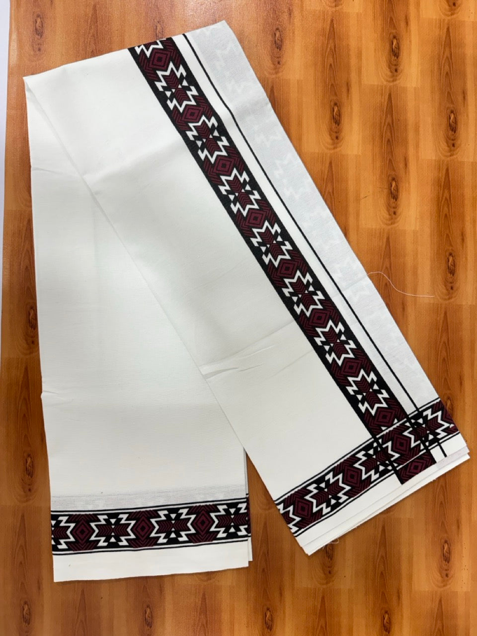 Single White Kerala Mund Polyster Mixed Cotton - (20s) - Kaily / Lungi - 2 inch Maroon Printed Kara (2 meter / 4 muzham) - 9 KK8070 GAN