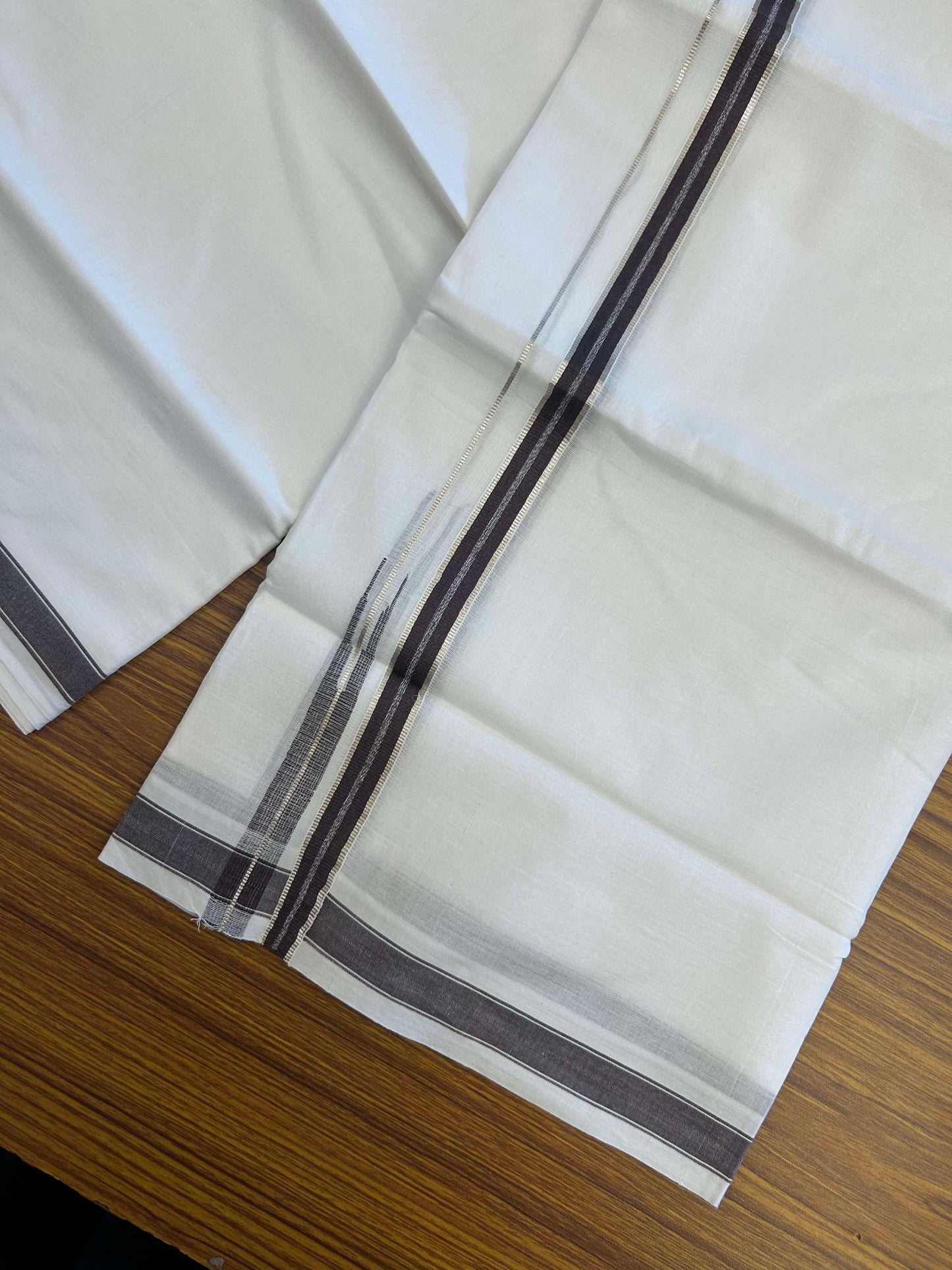 20% Discount!! Kaitharikada Balaramapuram 100% Pure Cotton Pure White Double Mundu/Dothi - 100x80 - 1.5 cm Brown & Silver Kasav Puliyilakkara One Side Chutty Kara 3.90 m (8 muzham) - 27 KK5310 CKS