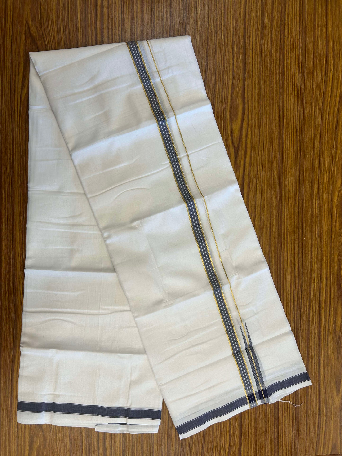 20% Discount!! Kaitharikada Balaramapuram 100% Pure Cotton Pure White Double Mundu/Dothi - 100x80 - 1.5 cm Blue & Gold Kasav Puliyilakkara One Side Chutty Kara 3.90 m (8 muzham) - 30 KK5310 CKS