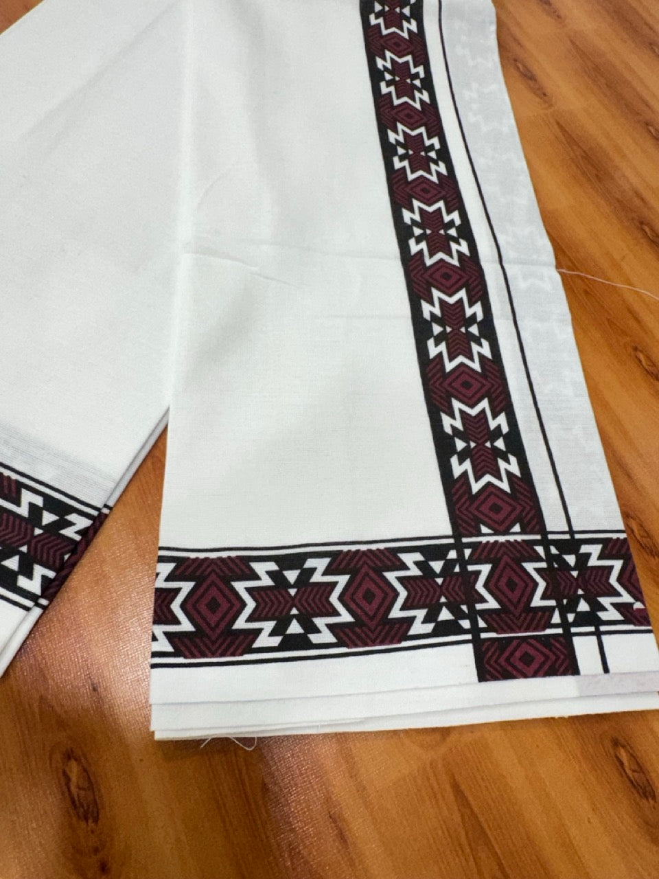 Single White Kerala Mund Polyster Mixed Cotton - (20s) - Kaily / Lungi - 2 inch Maroon Printed Kara (2 meter / 4 muzham) - 9 KK8070 GAN
