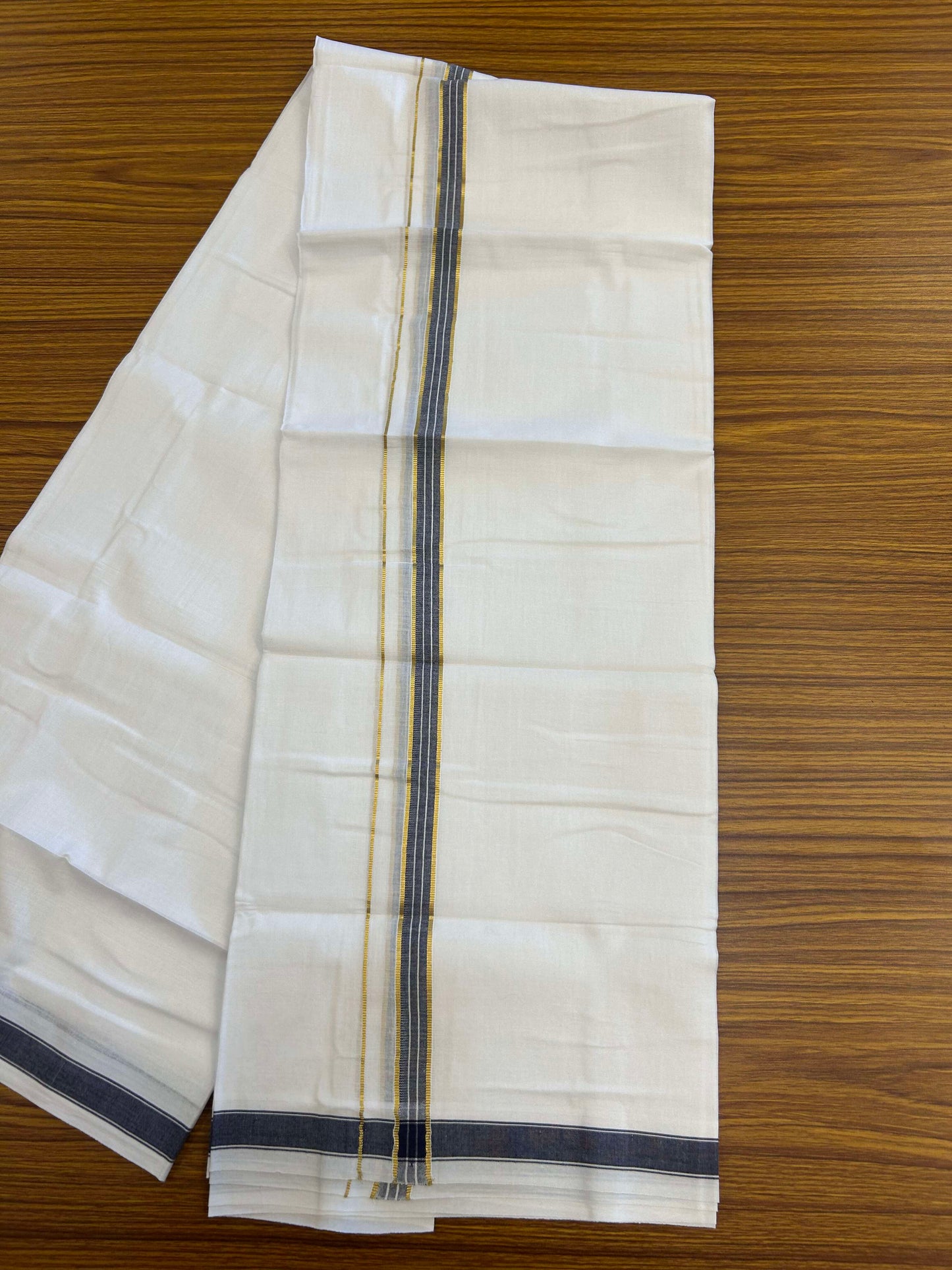 20% Discount!! Kaitharikada Balaramapuram 100% Pure Cotton Pure White Double Mundu/Dothi - 100x80 - 1.5 cm Blue & Gold Kasav Puliyilakkara One Side Chutty Kara 3.90 m (8 muzham) - 30 KK5310 CKS