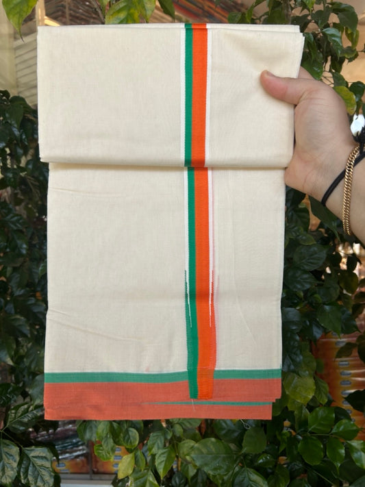 BJP VESHTI - 20% DISCOUNT! KaithariKada 100% Cotton off white Double - (Unbleached) Mundu/Dhoti - 100X80 - 1.25 inch Puliyilakkara Orange & Green Chutty Kara  4mtr (8.5 muzham) - 20 KK5268 ASH