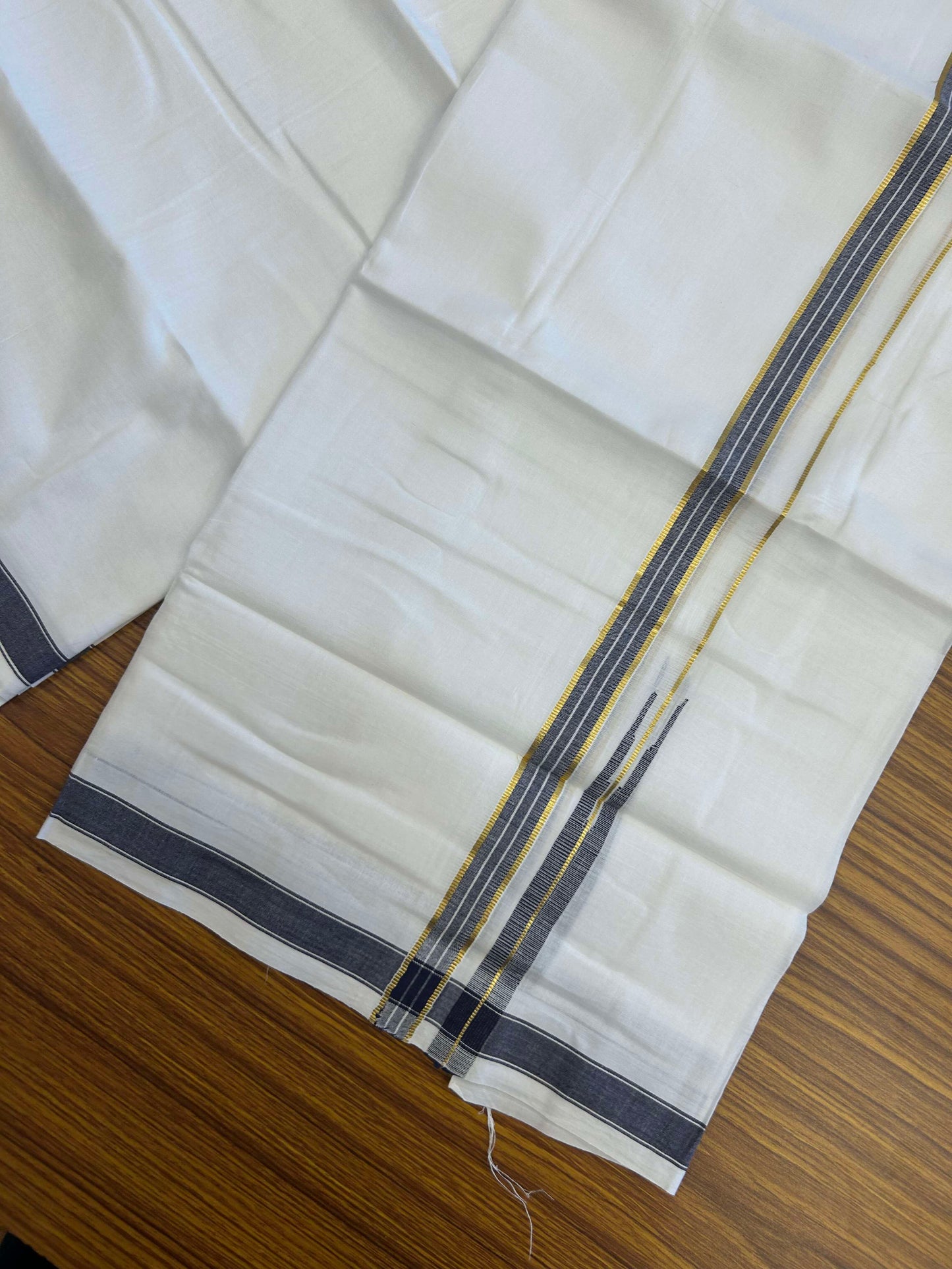 20% Discount!! Kaitharikada Balaramapuram 100% Pure Cotton Pure White Double Mundu/Dothi - 100x80 - 1.5 cm Blue & Gold Kasav Puliyilakkara One Side Chutty Kara 3.90 m (8 muzham) - 30 KK5310 CKS