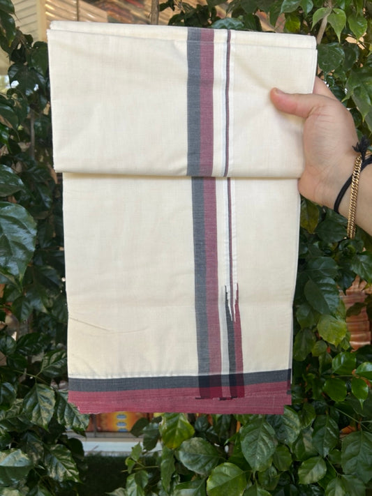 DMK Veshti - 20% DISCOUNT! KaithariKada 100% Cotton off white Double - (Unbleached) Mundu/Dhoti - 100X100 - 1 inch Puliyilakkara Black & Maroon Shaded Chutty kara - 27 KK5268 ASH