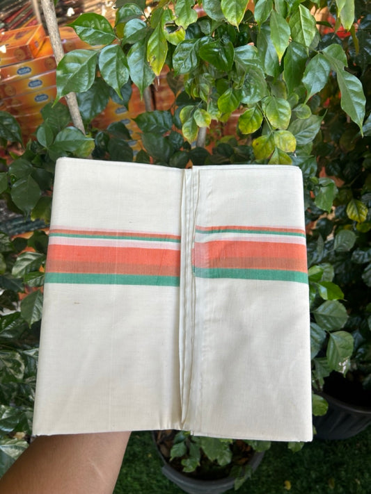 BJP VESHTI - 20% DISCOUNT! KaithariKada 100% Cotton off white Double - (Unbleached) Mundu/Dhoti - 100X100 - 1.25 inch Orange & Green Shaded Kara 4 mtr (8.5 muzham) - 19 KK5268 ASH