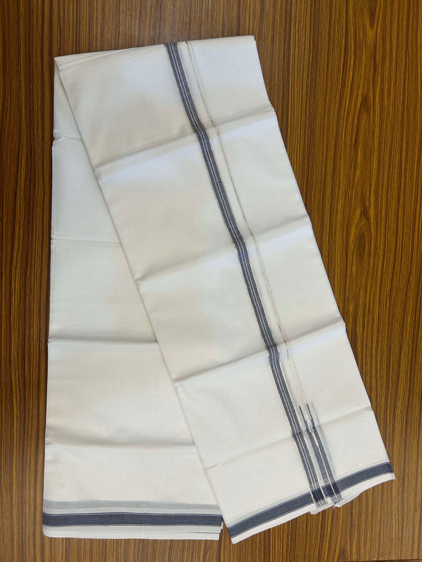 20% Discount!! Kaitharikada Balaramapuram 100% Pure Cotton Pure White Double Mundu/Dothi - 100x80 - 1.5 cm Blue & Silver Kasav Puliyilakkara One Side Chutty Kara 3.90 m (8 muzham) - 28 KK5310 CKS
