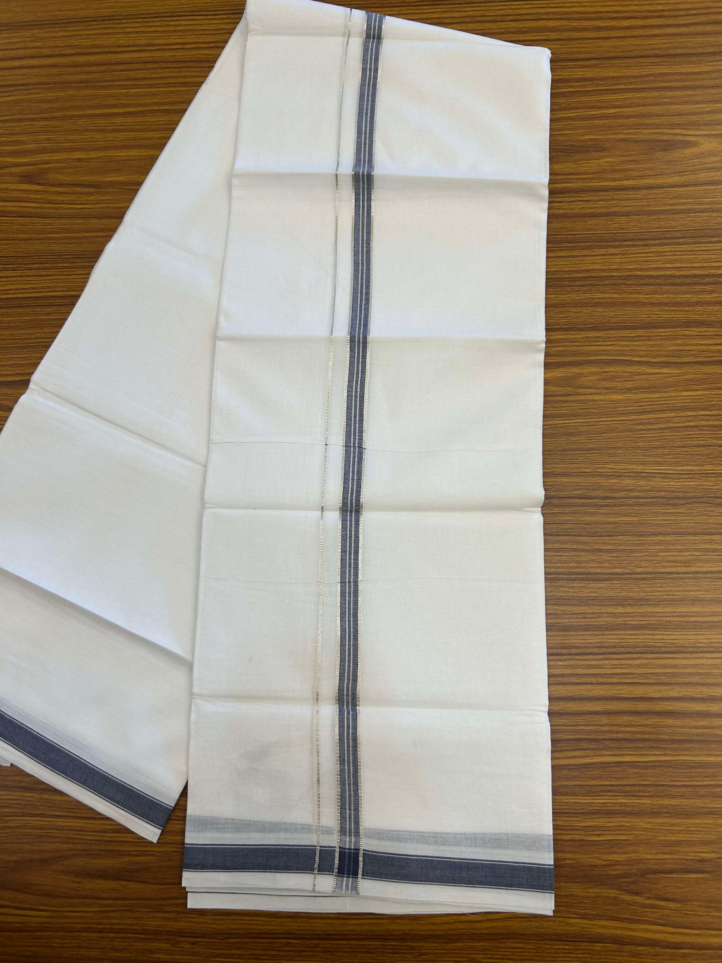 20% Discount!! Kaitharikada Balaramapuram 100% Pure Cotton Pure White Double Mundu/Dothi - 100x80 - 1.5 cm Blue & Silver Kasav Puliyilakkara One Side Chutty Kara 3.90 m (8 muzham) - 28 KK5310 CKS