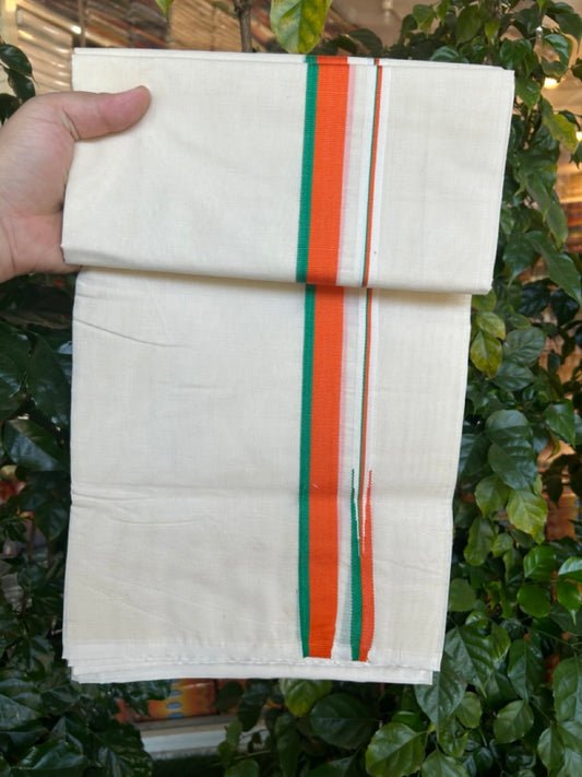 BJP VESHTI - 20% DISCOUNT! KaithariKada 100% Cotton off white Double - (Unbleached) Mundu/Dhoti - 100X100 - 1.25 inch Puliyilakkara Orange & Green Chutty Kara - 21 KK5268 ASH