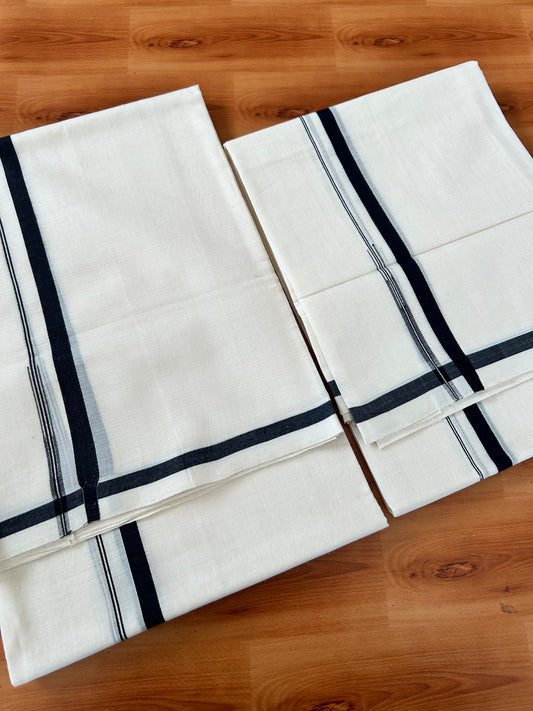 Off White Single Set Mundu 25% Discount !! KaithariKada Handloom Millpaav  Balaramapuram - 100% Pure Cotton - 80X90 - 1 cm Puliyilakkara Black Chutty Kara - Mundu 2 mtr & Neriyath 2.70 mtr - 2 KK5458 SOM