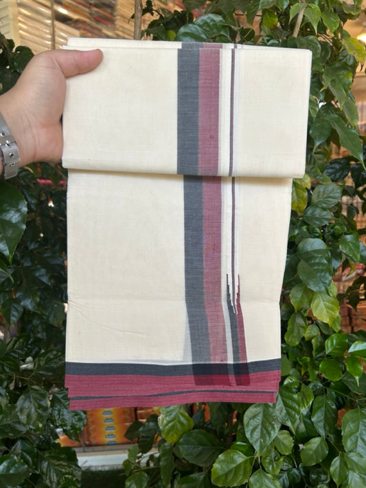 DMK Veshti - 20% DISCOUNT! KaithariKada 100% Cotton off white Double - (Unbleached) Mundu/Dhoti - 100X100 - 1.5 inch Puliyilakkara Black & Maroon Chutty kara - 24 KK5268 ASH
