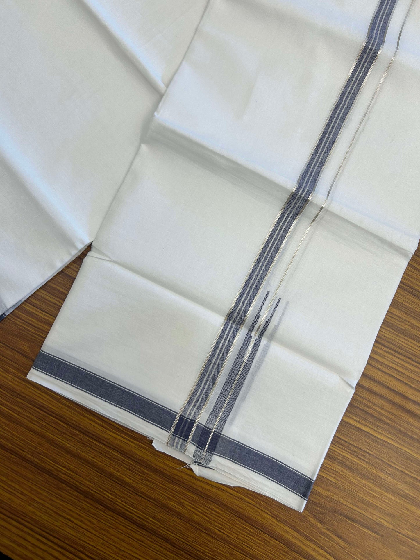 20% Discount!! Kaitharikada Balaramapuram 100% Pure Cotton Pure White Double Mundu/Dothi - 100x80 - 1.5 cm Blue & Silver Kasav Puliyilakkara One Side Chutty Kara 3.90 m (8 muzham) - 28 KK5310 CKS