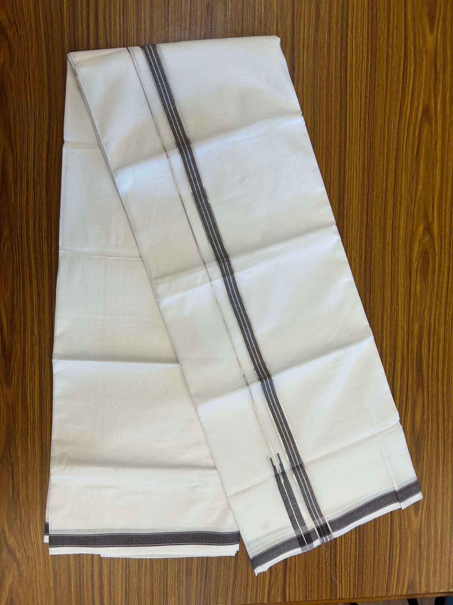 20% Discount!! Kaitharikada Balaramapuram 100% Pure Cotton Pure White Double Mundu/Dothi - 100x80 - 1.5 cm Brown & Silver Kasav Puliyilakkara One Side Chutty Kara 3.90 m (8 muzham) - 29 KK5310 CKS