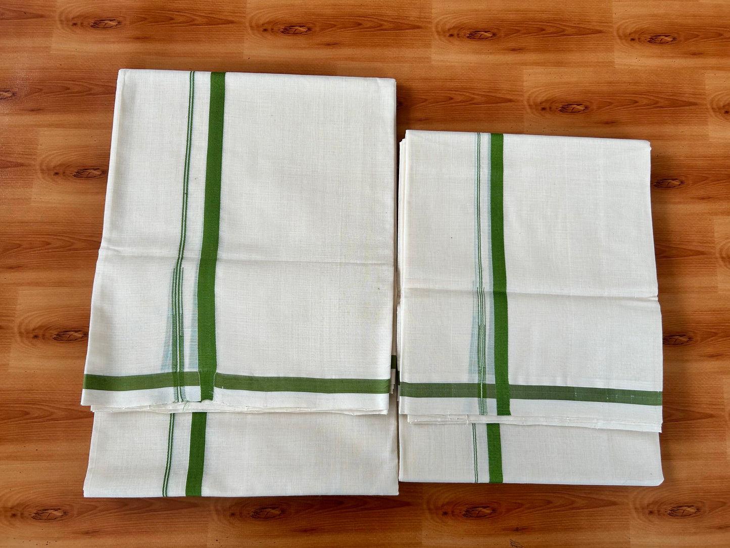 Off White Single Set Mundu 25% Discount !! KaithariKada Handloom Millpaav Balaramapuram - 100% Pure Cotton - 80X90 - 1 cm Puliyilakkara Parrot Green Chutty Kara - Mundu 2 mtr & Neriyath 2.73,2.68 & 2.65 mtr - 4 KK5458 SOM