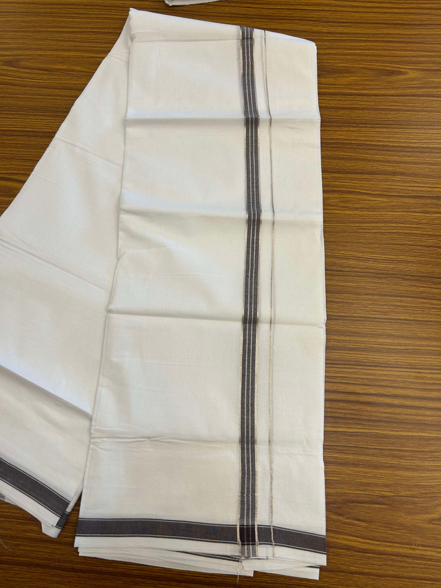 20% Discount!! Kaitharikada Balaramapuram 100% Pure Cotton Pure White Double Mundu/Dothi - 100x80 - 1.5 cm Brown & Silver Kasav Puliyilakkara One Side Chutty Kara 3.90 m (8 muzham) - 29 KK5310 CKS