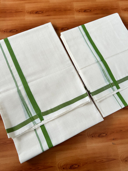 Off White Single Set Mundu 25% Discount !! KaithariKada Handloom Millpaav Balaramapuram - 100% Pure Cotton - 80X90 - 1 cm Puliyilakkara Parrot Green Chutty Kara - Mundu 2 mtr & Neriyath 2.73,2.68 & 2.65 mtr - 4 KK5458 SOM
