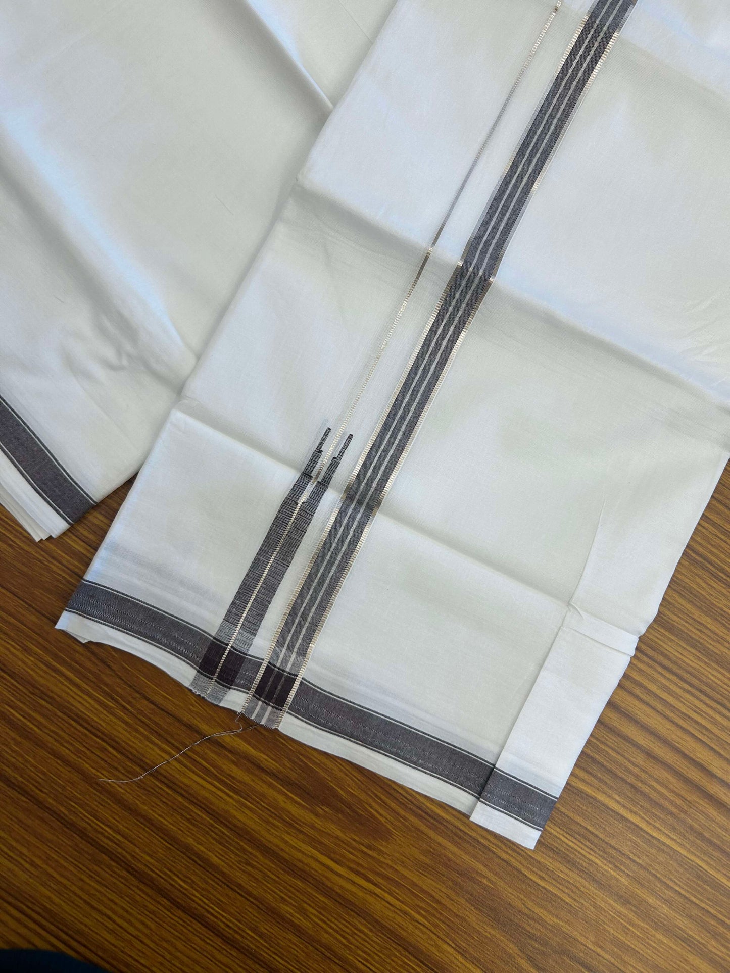 20% Discount!! Kaitharikada Balaramapuram 100% Pure Cotton Pure White Double Mundu/Dothi - 100x80 - 1.5 cm Brown & Silver Kasav Puliyilakkara One Side Chutty Kara 3.90 m (8 muzham) - 29 KK5310 CKS