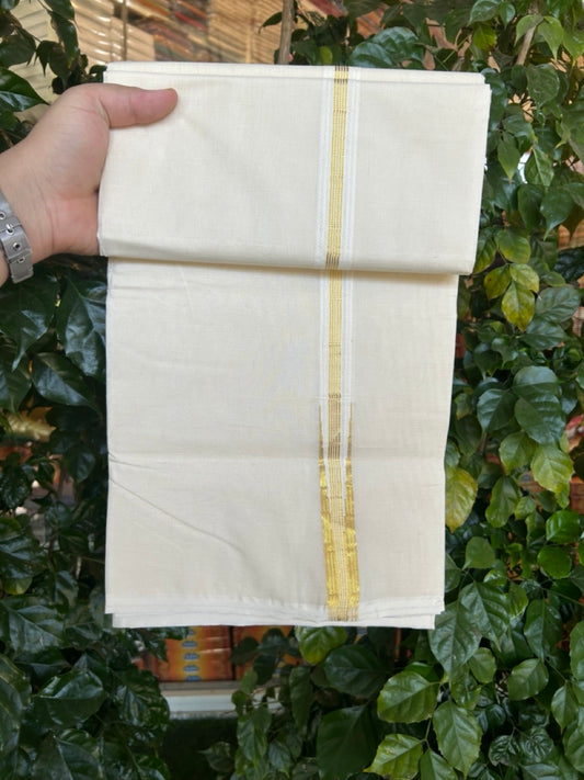 20% Discount! KaithariKada 100% Cotton Double Off white - (Unbleached) Mundu/Dhoti-100x100 - 1 inch Puliyilakkara Gold Kasav Stripes Chutty  - 15 KK5268 ASH