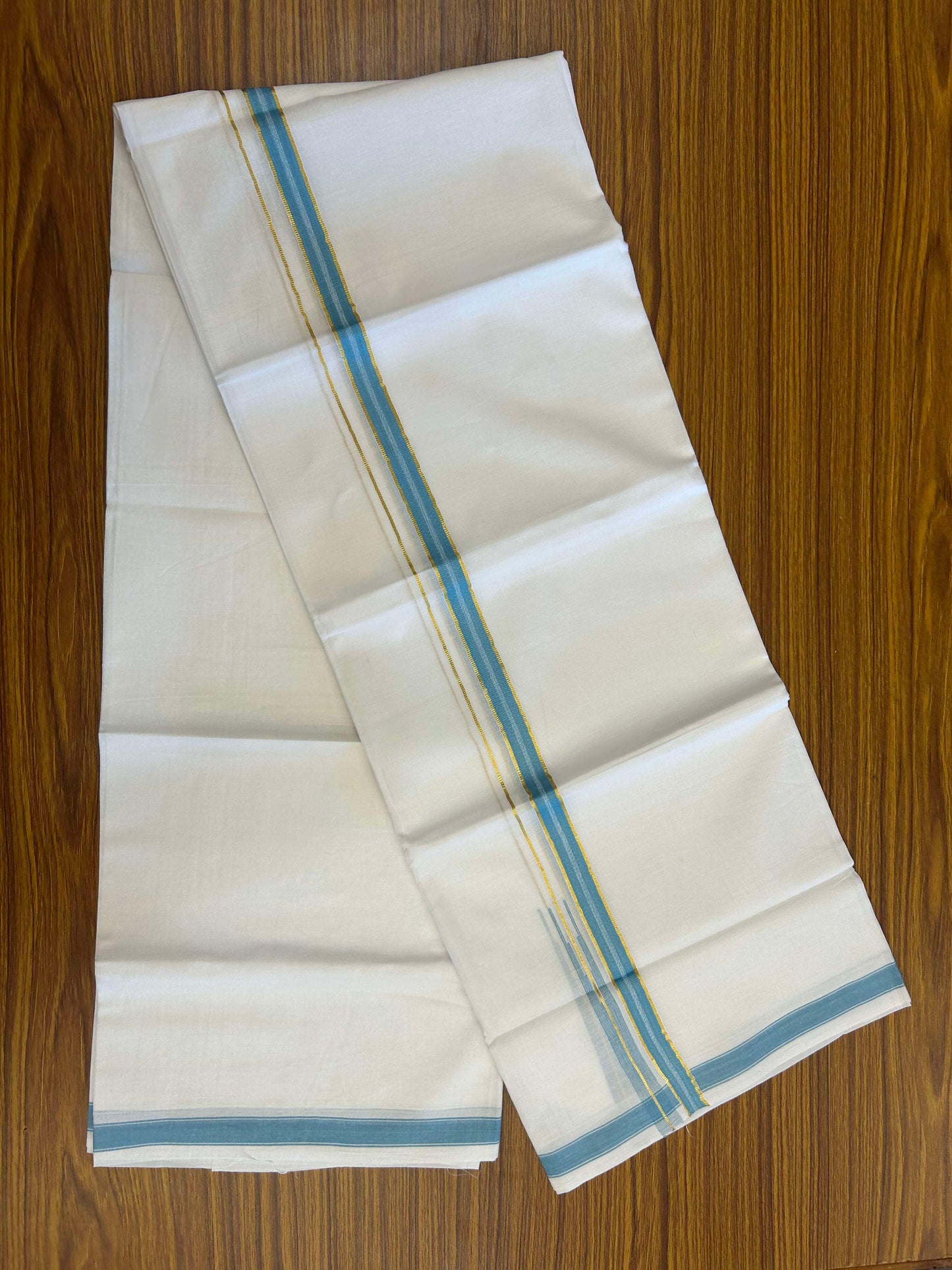 20% Discount!! Kaitharikada Balaramapuram 100% Pure Cotton Pure White Double Mundu/Dothi - 100x80 - 1.5 cm Light Blue & Gold Kasav Puliyilakkara One Side Chutty Kara 3.90 m (8 muzham) - 31 KK5310 CKS