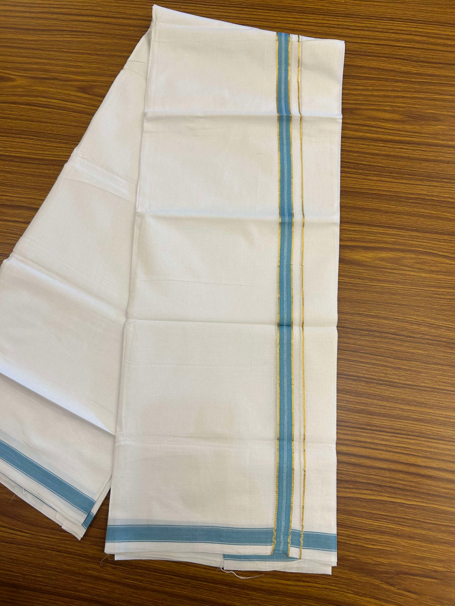 20% Discount!! Kaitharikada Balaramapuram 100% Pure Cotton Pure White Double Mundu/Dothi - 100x80 - 1.5 cm Light Blue & Gold Kasav Puliyilakkara One Side Chutty Kara 3.90 m (8 muzham) - 31 KK5310 CKS