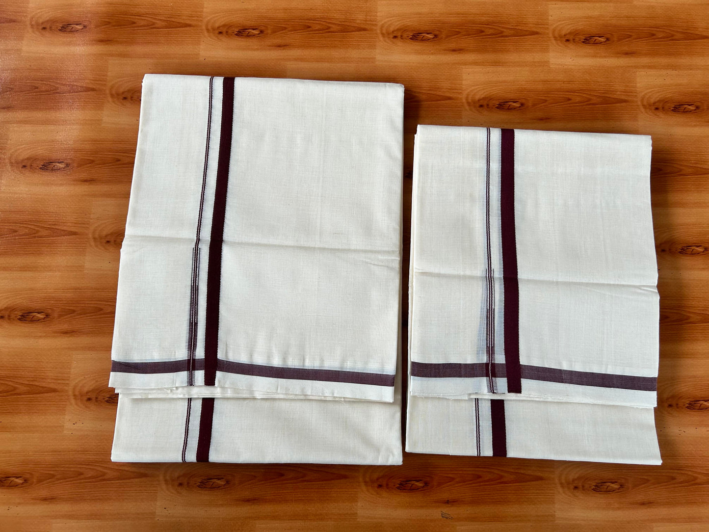 Off White Single Set Mundu 25% Discount !! KaithariKada Handloom Millpaav Balaramapuram - 100% Pure Cotton - 80X90 - 1 cm Puliyilakkara Brown Chutty Kara - Mundu 2 mtr & Neriyath 2.70 & 2.73 mtr - 3 KK5458 SOM