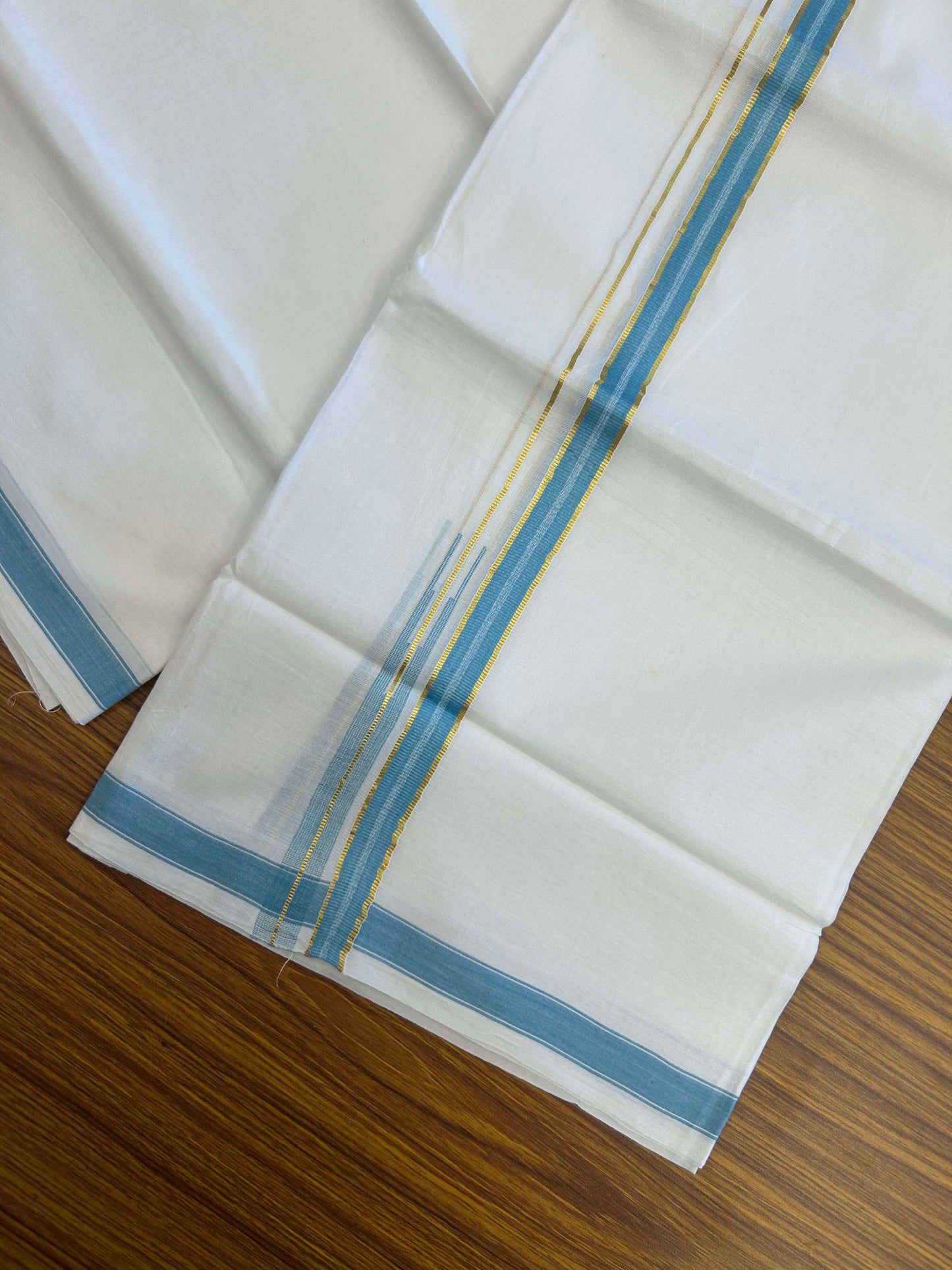 20% Discount!! Kaitharikada Balaramapuram 100% Pure Cotton Pure White Double Mundu/Dothi - 100x80 - 1.5 cm Light Blue & Gold Kasav Puliyilakkara One Side Chutty Kara 3.90 m (8 muzham) - 31 KK5310 CKS