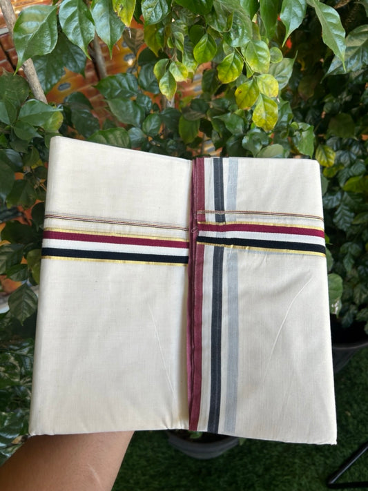 ADMK VESHTI - 20% DISCOUNT! KaithariKada 100% Cotton off white Double - (Unbleached) Mundu/Dhoti - 100X100 - 1 inch Gold Kasav & Black White Maroon kara 4 mtr (8.5 muzham)- 18 KK5268 ASH