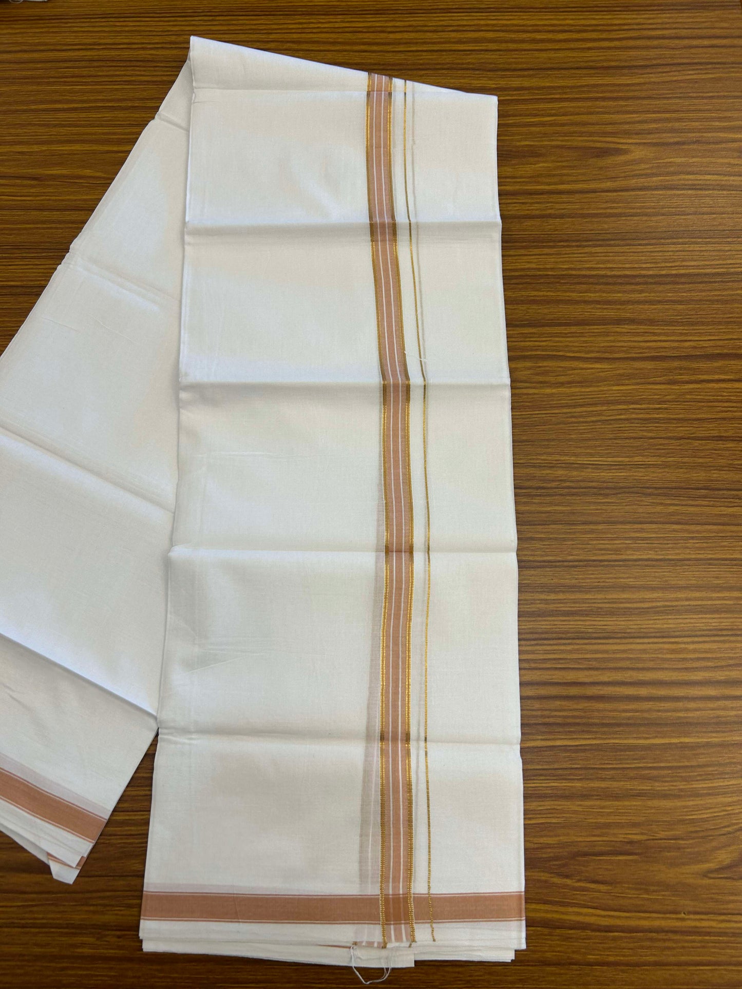 20% Discount!! Kaitharikada Balaramapuram 100% Pure Cotton Pure White Double Mundu/Dothi - 100x80 - 1.5 cm Light Orange & Gold Kasav Puliyilakkara One Side Chutty Kara 3.90 m (8 muzham) - 32 KK5310 CKS