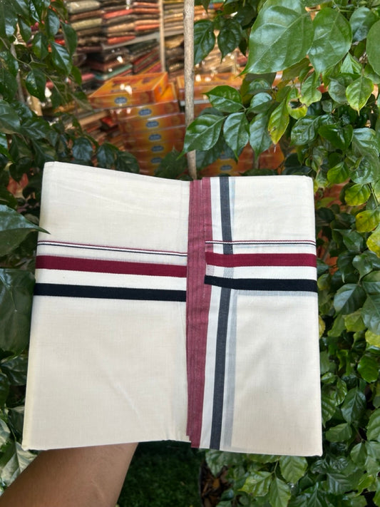 ADMK VESHTI - 20% DISCOUNT! KaithariKada 100% Cotton off white Double - (Unbleached) Mundu/Dhoti - 100X100 - 1.5 inch  Maroon White & Black  kara 4 mtr (8.5 muzham)- 17 KK5268 ASH