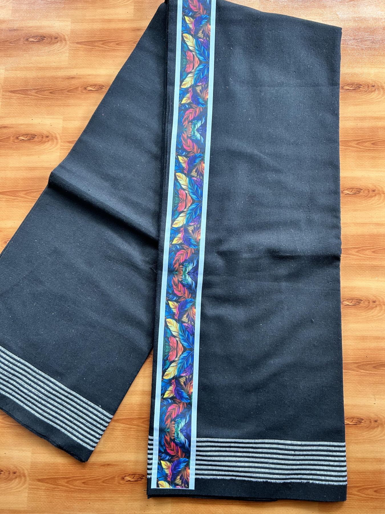 Kaitharikada - Single Kaily / Lungi - Mixed Cotton - 40s twisted - 2 inch Multi Colour Feather Printed Design Kara with Black colour body (2 meter / 4 muzham) - 27 KK8058 GAN