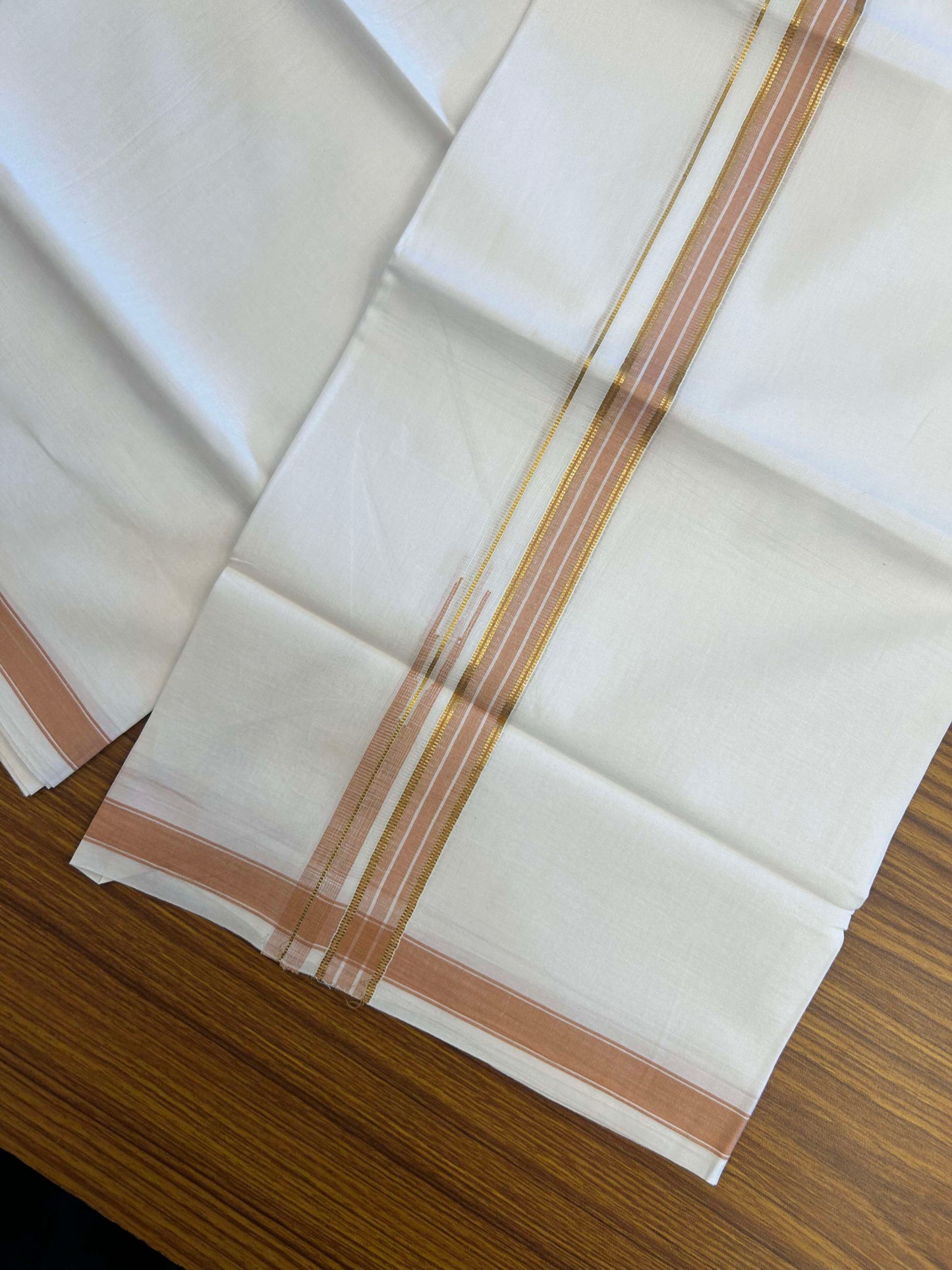 20% Discount!! Kaitharikada Balaramapuram 100% Pure Cotton Pure White Double Mundu/Dothi - 100x80 - 1.5 cm Light Orange & Gold Kasav Puliyilakkara One Side Chutty Kara 3.90 m (8 muzham) - 32 KK5310 CKS