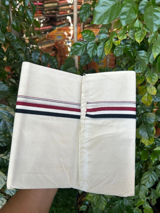 ADMK VESHTI - 20% DISCOUNT! KaithariKada 100% Cotton off white Double - (Unbleached) Mundu/Dhoti - 100X100 - 1 inch Black White & Maroon Red kara 4 mtr (8.5 muzham) - 16 KK5268 ASH