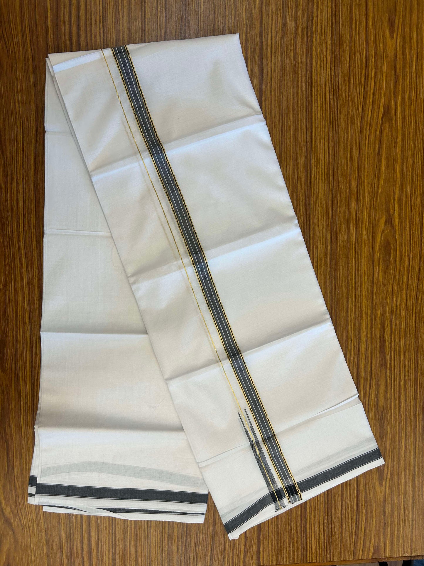 20% Discount!! Kaitharikada Balaramapuram 100% Pure Cotton Pure White Double Mundu/Dothi - 100x80 - 2 cm Black & Gold Kasav Puliyilakkara One Side Chutty Kara 3.90 m (8 muzham) - 33 KK5310 CKS