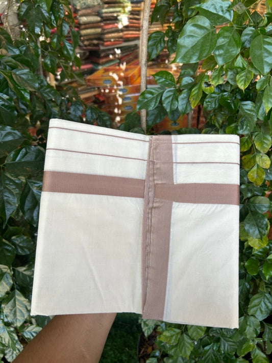 22% DISCOUNT! KaithariKada Balaramapuram 100% Cotton Double Off white - (Unbleached) Mundu/Dhoti-100x100 Light Brown Side Stripes Kara - 4 mtr (8.5 Muzham) - 7 KK5268 ASH