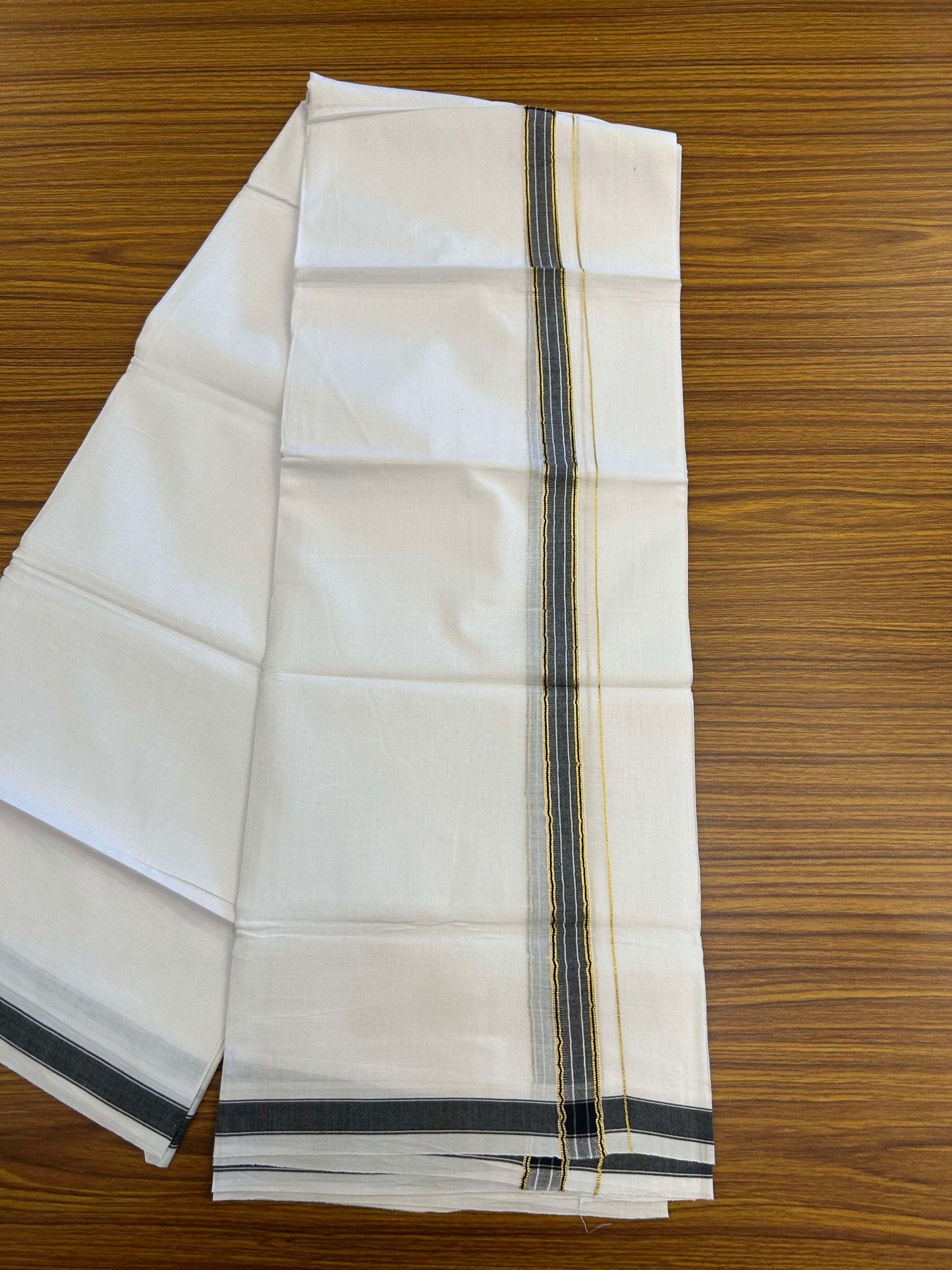 20% Discount!! Kaitharikada Balaramapuram 100% Pure Cotton Pure White Double Mundu/Dothi - 100x80 - 2 cm Black & Gold Kasav Puliyilakkara One Side Chutty Kara 3.90 m (8 muzham) - 33 KK5310 CKS