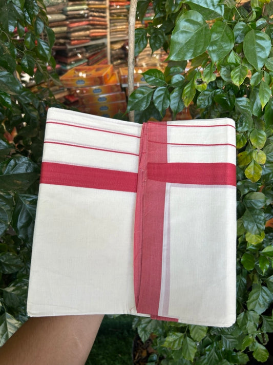 22% DISCOUNT! KaithariKada Balaramapuram 100% Cotton Double Off white - (Unbleached) Mundu/Dhoti-100x100 Maroon Red Side Stripes Kara - 4 mtr (8.5 Muzham) - 6 KK5268 ASH